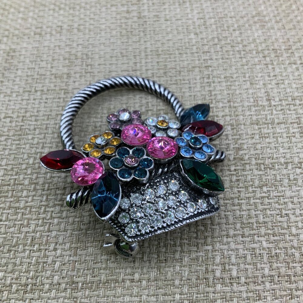Floral Flowers Basket Multi Colored Rhinestone Silver Tone Brooch Pin - Picture 7 of 8